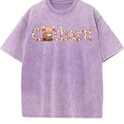 Cute Western Wind Highland Cow Farm Vintage Washed T-Shirt in Purple