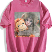Cat with Monkey Plush Vintage Washed T-Shirt in Red