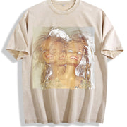 Two Glam Dolls Portrait Vintage Washed T-Shirt in Beige