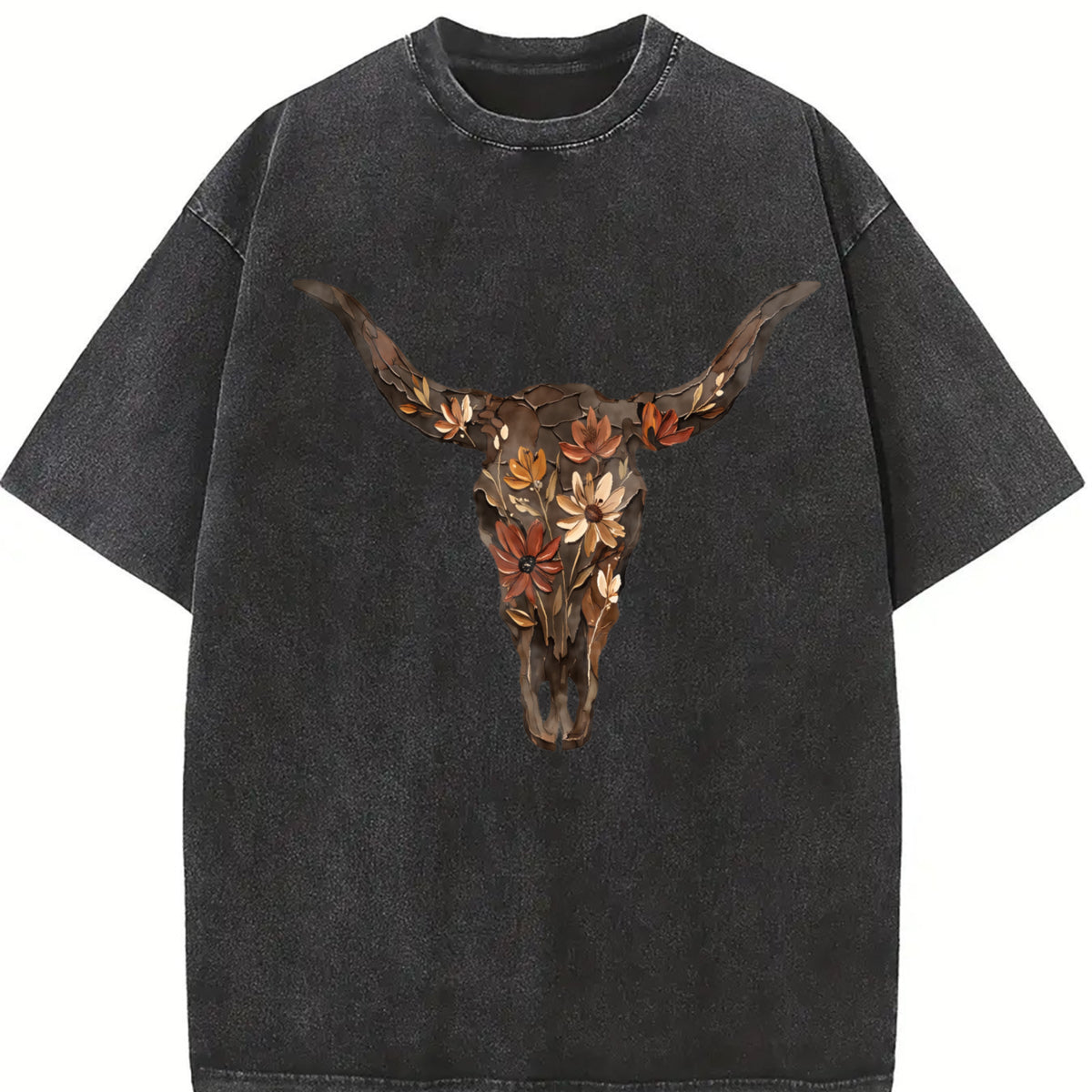 Brushstroke Floral Western Cow Skull Cowboy Graphics Vintage Washed T-Shirt in Black