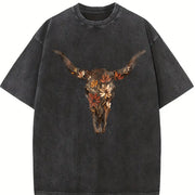 Brushstroke Floral Western Cow Skull Cowboy Graphics Vintage Washed T-Shirt in Black