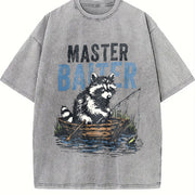 Retro Master Baiter Raccoon Fishing Vintage Washed T-Shirt in Gray