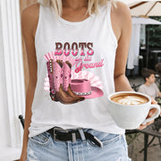 Boots on Da Ground Pink Cowboy Boots Crew-neck Sleeveless Women's Color Cotton Tank Top in White