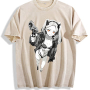 Lucy × David - Cyberpunk Anime for Anime Fans and Lovers vintage washed oversized T-shirt in Beige