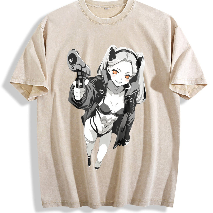 Lucy × David - Cyberpunk Anime for Anime Fans and Lovers vintage washed oversized T-shirt in Beige