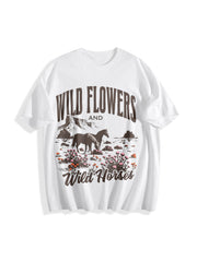 Wild Horses & Wildflowers Cotton T-Shirt in White