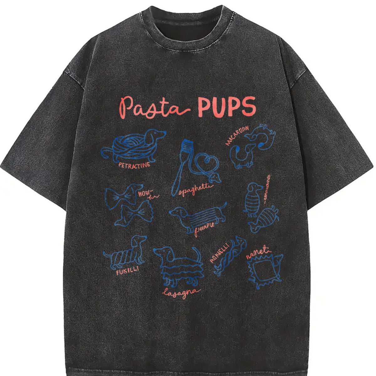 Pasta Dachshund Italian Foodie Wiener Dog Vintage Washed T-Shirt in Black