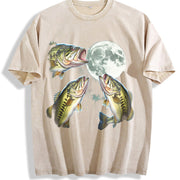 Bass Fish Howling at Moon 90s Vintage Washed T-Shirt in Beige