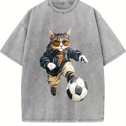 Cat Soccer Player Vintage Washed T-Shirt in Gray