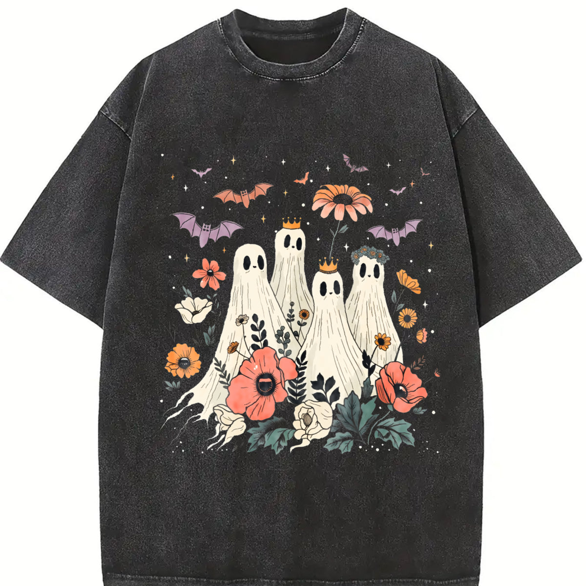 2024 Halloween Playful Ghosts with Crowns & Floral Bats Vintage Washed T-Shirt in Black