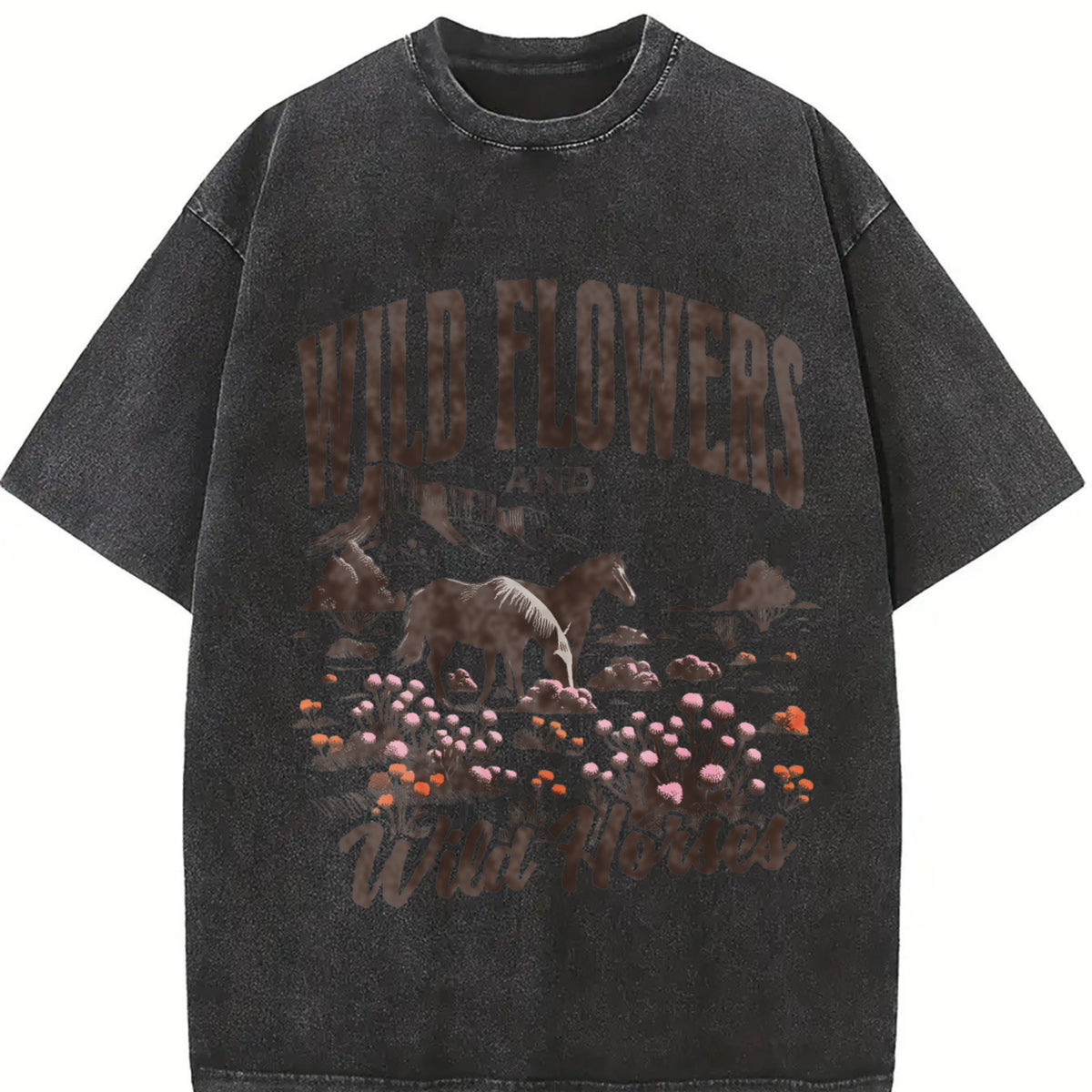 Wild Horses & Wildflowers Vintage Washed T-Shirt in Black
