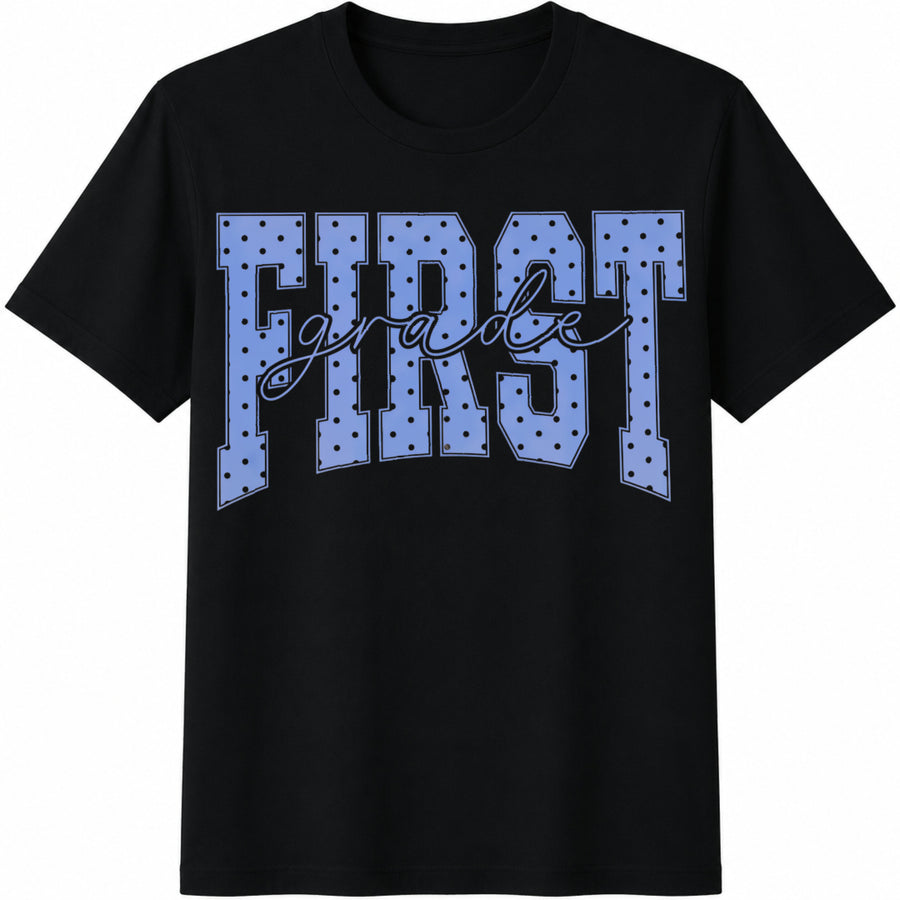 First Grade Blue Polka Dots Teacher Cottagecore 1st Grade Cotton T-Shirt in Black