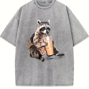 Raccoon Drinking Iced Coffee 90s Vintage Washed T-Shirt in Gray