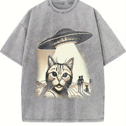 Cat Ufo Selfie 90s Vintage Washed T-Shirt in Gray