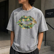 Camo Lip Knit Vintage Washed T-Shirt in Gray