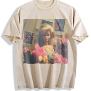 Glam Doll with Flowers Vintage Washed T-Shirt in Beige