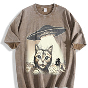 Cat Ufo Selfie 90s Vintage Washed T-Shirt in Brown