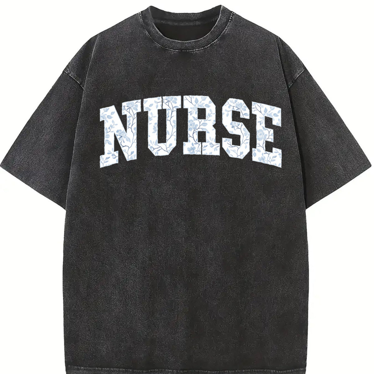 Floral Nurse Toile Nurse Vintage Washed T-Shirt in Black
