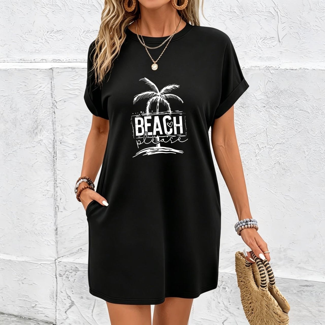 Tropical Beach Palm Tree & Coconut Maxi Tank Dress Cotton T-Shirt in Black