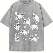 Retro Raccoon in Space 90s Vintage Washed T-Shirt in Gray
