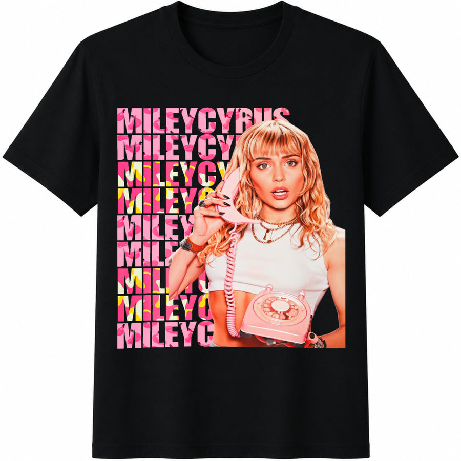 Miley Cyrus Phone Portrait Cotton T-Shirt in Black