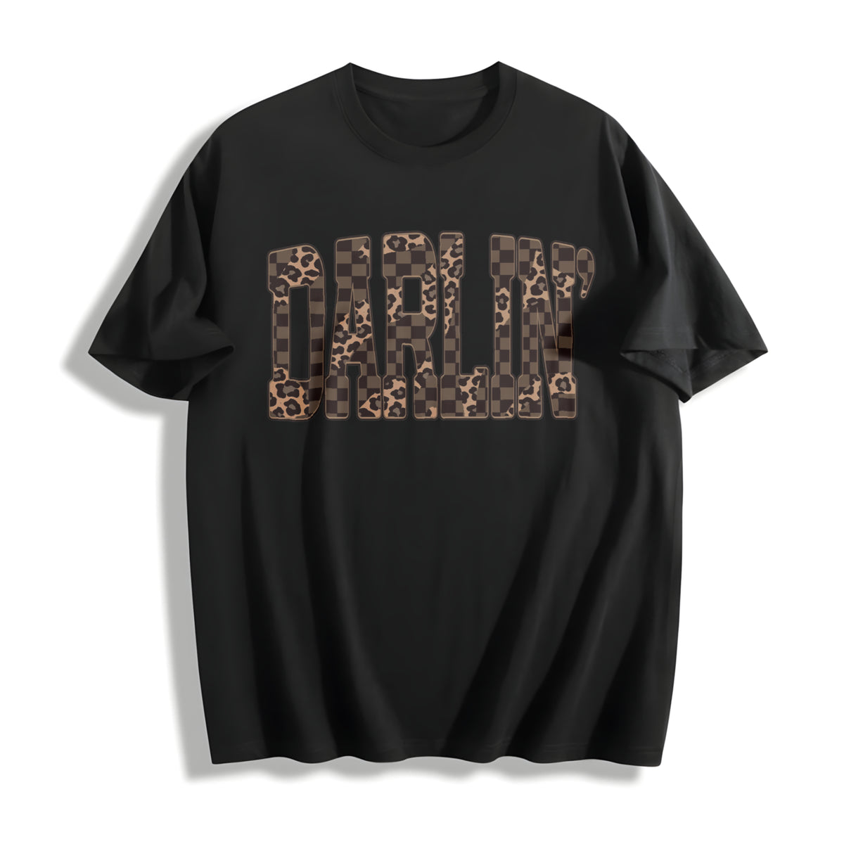 Retro Western Checkered Leopard Cotton T-Shirt in Black