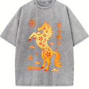 Winter Golden Paper Cut Horse with Red Floral Vintage Washed T-Shirt in Gray