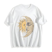 Mystical Sun and Moon Face Yin Yang Hippie Chic Hippy Cotton T-Shirt in White