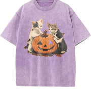 Halloween Kittens & Pumpkin vintage washed oversized T-shirt in Purple
