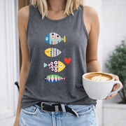 Colorful Fish Hearts Women's Color Cotton Tank Top in Gray