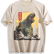Godzillaed Japanese Monster Wave Classic O Neck Hip Hop vintage washed oversized T-shirt in Beige
