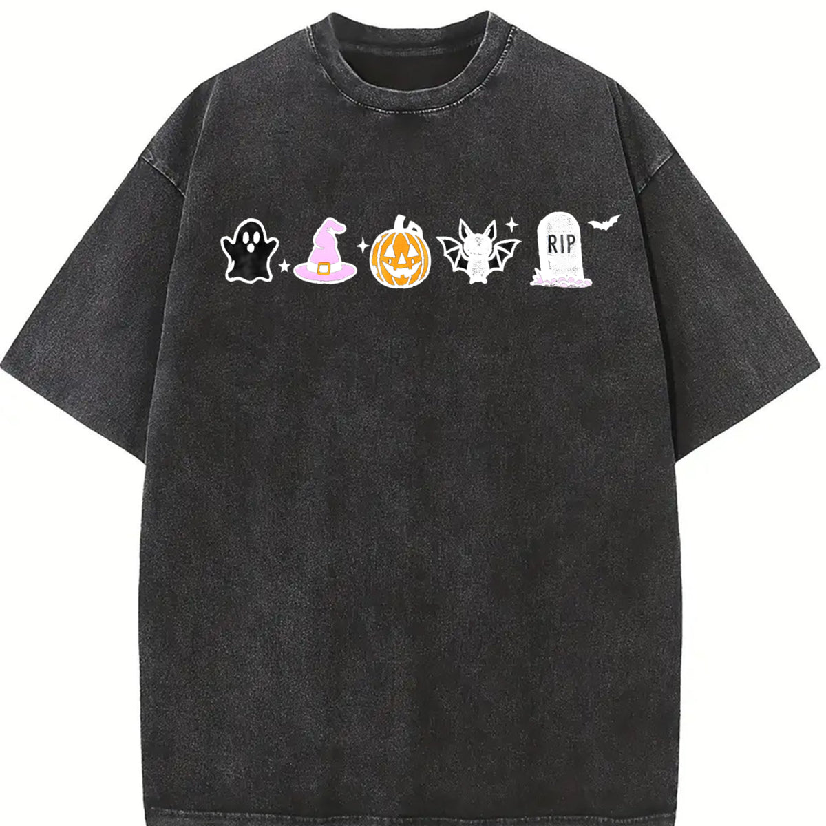 Halloween Icons Embroidered Vintage Washed T-Shirt in Black