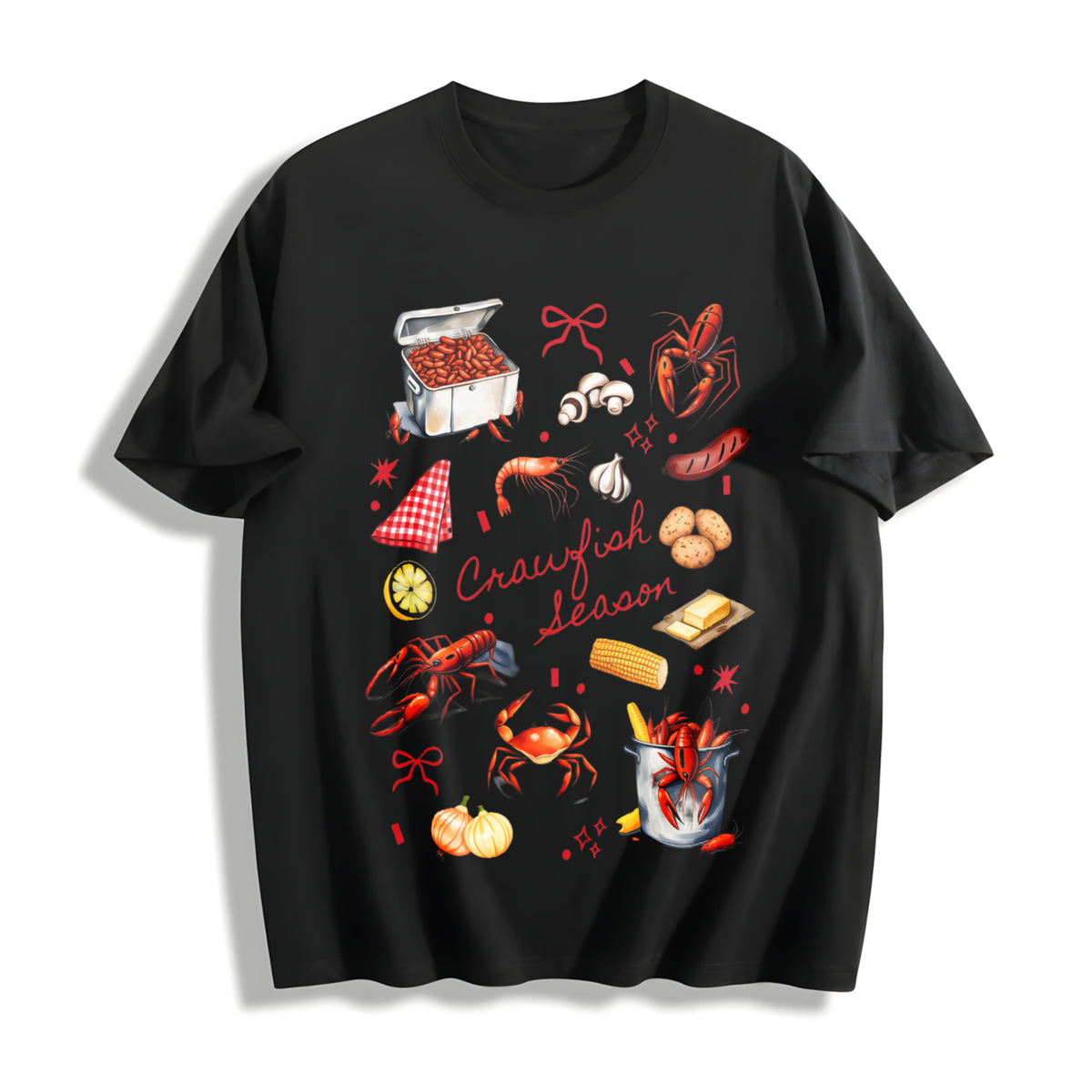 Crawfish Season Boil Girly Cotton T-Shirt in Black