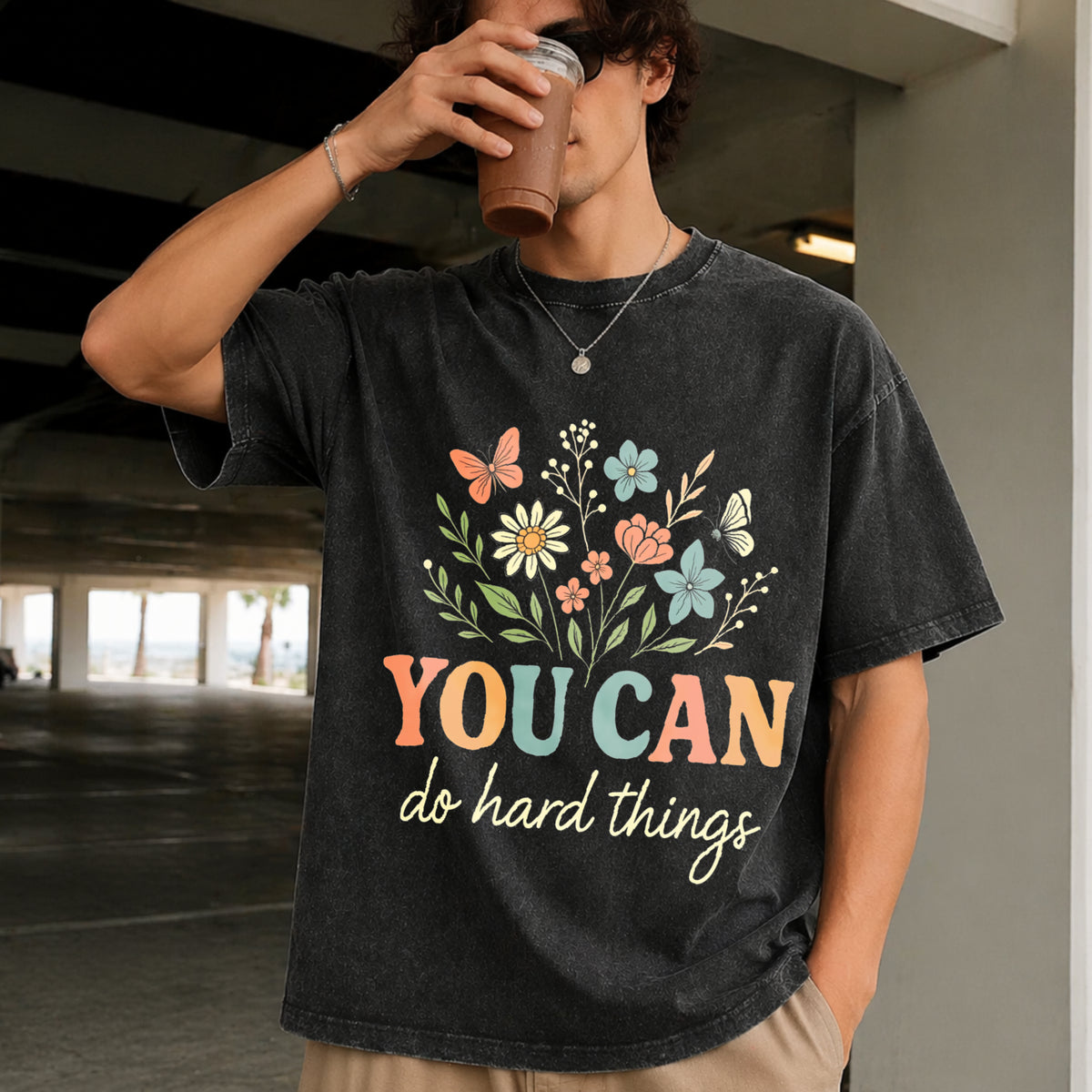 Wildflower You Can Do Hard Things Vintage Washed T-Shirt in Black