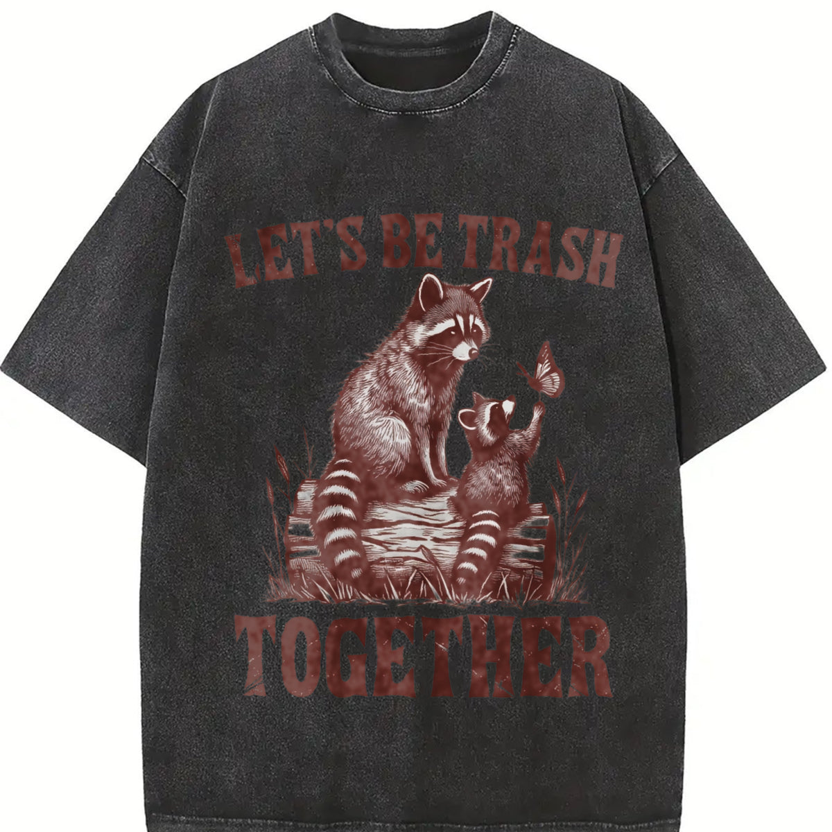 Let's Be Trash Together Retro Raccoon 90s Vintage Washed T-Shirt in Black