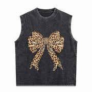 Coquette Bow Leopard for Girly Vintage Washed Tank Top in Black