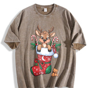 Christmas Reindeer and Candy Cane Vintage Washed T-Shirt in Brown