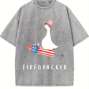 Fourth of July Firequacker Goose USA Patriotic vintage washed oversized T-shirt in Gray