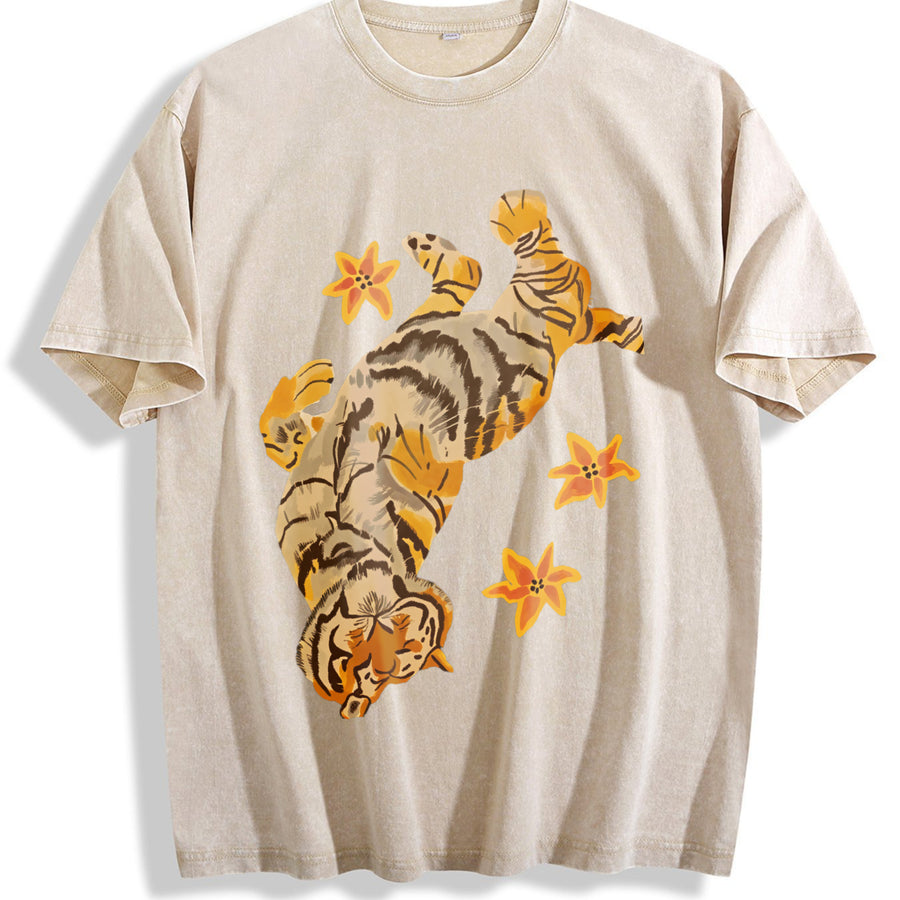 Couples Tiger Star Embellishment Hem Detail Artistic vintage washed oversized T-shirt in Beige