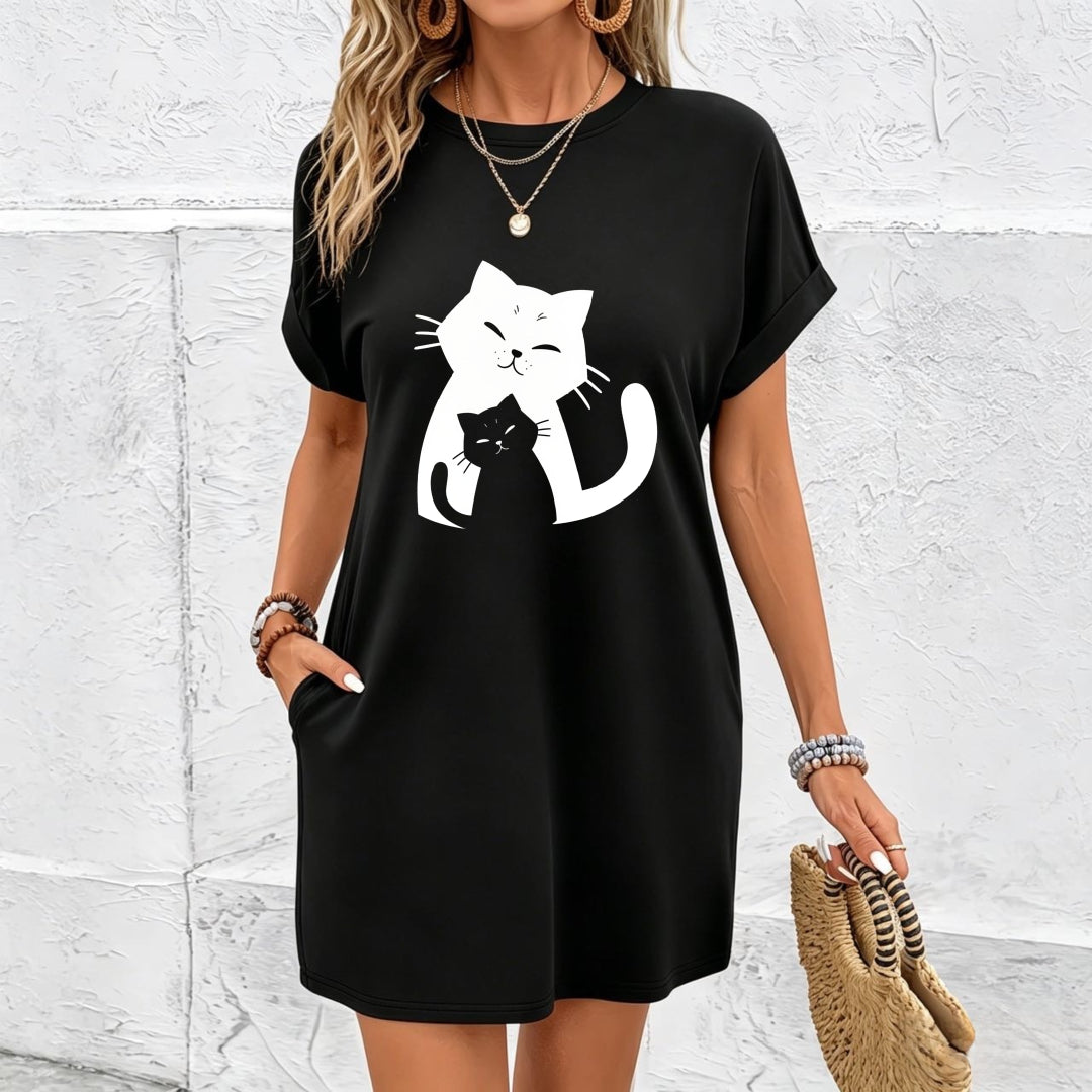 Of a Black and White Cat Cotton T-Shirt in Black