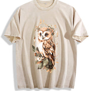 Green Leaf Owl Fashionable Elegant Vintage Washed T-Shirt in Beige