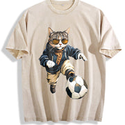 Cat Soccer Player Vintage Washed T-Shirt in Beige