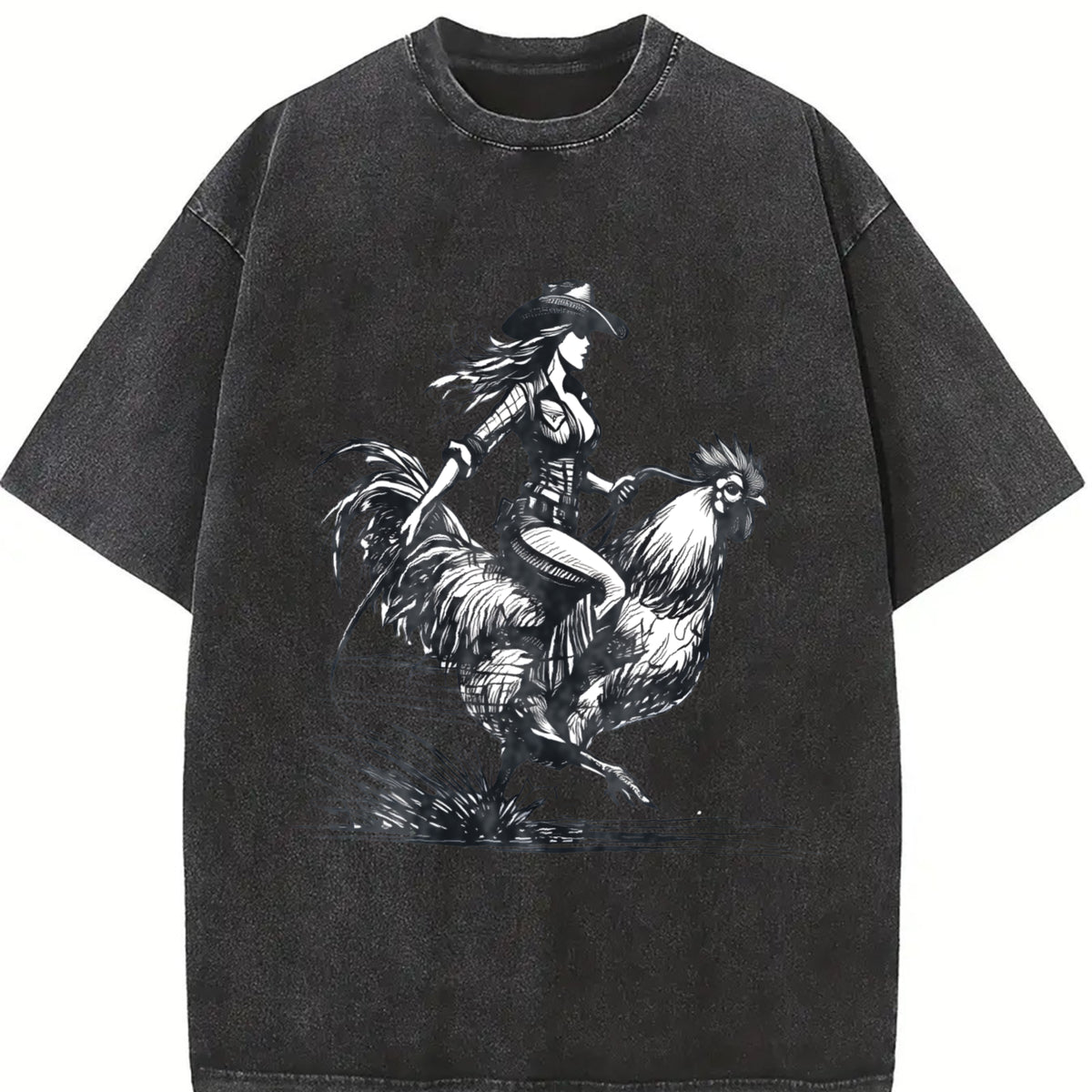Cowgirl Riding Chicken 90s Vintage Washed T-Shirt in Black