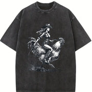 Cowgirl Riding Chicken 90s Vintage Washed T-Shirt in Black