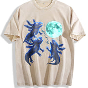 Axolotl Moon 90s Retro Amphibian Silly Vintage Washed T-Shirt in Beige