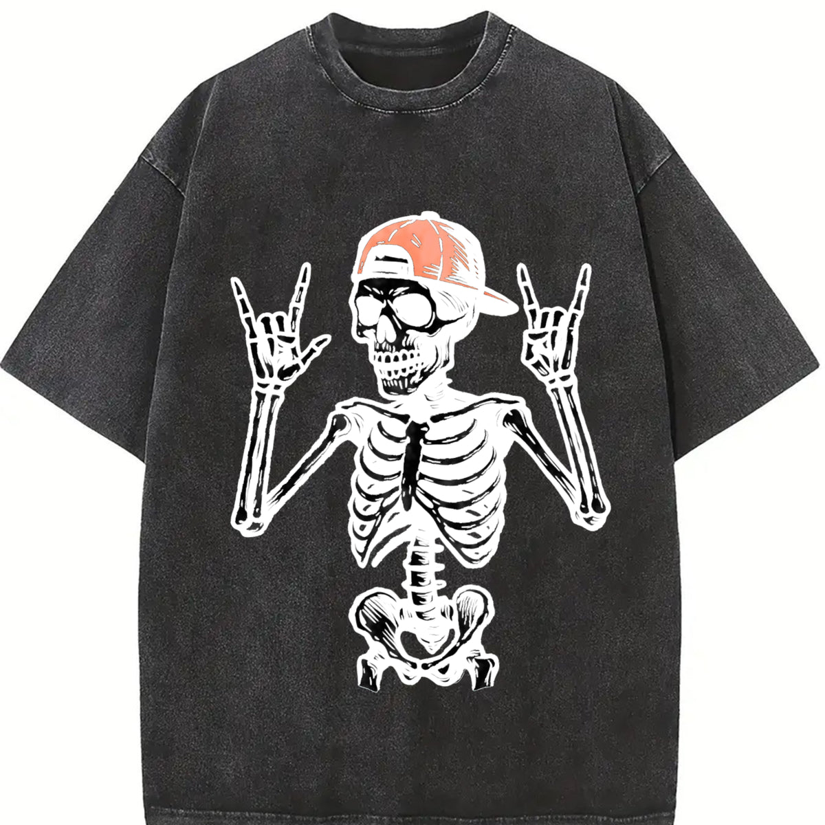 Rock and Roll Skeleton Vintage Washed T-Shirt in Black