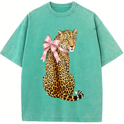 Pink Leopard with Bow Vintage Washed T-Shirt in Blue