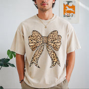 Coquette Bow Leopard for Girly Vintage Washed T-Shirt in Beige