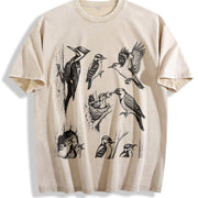 Woodpecker Bird 90s Tattoo Vintage Washed T-Shirt in Beige