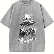 Killer Whales Retro Marine Life Orca Vintage Washed T-Shirt in Gray